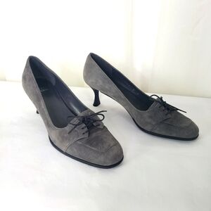 Stuart Weitzman Tidings charcoal gray suede leather heel pump lace tie size 9